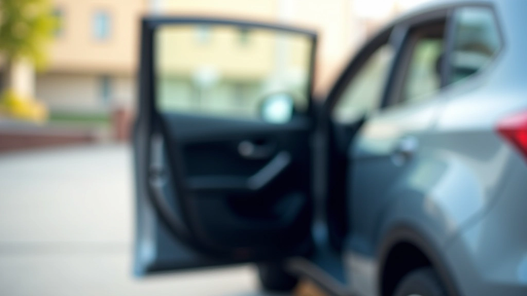 Automašīnas durvis atvērtas 90 grādu leņķī, platforma automašīnas garā pusē, skaļš ārējais apgaismojums, asa fokusa