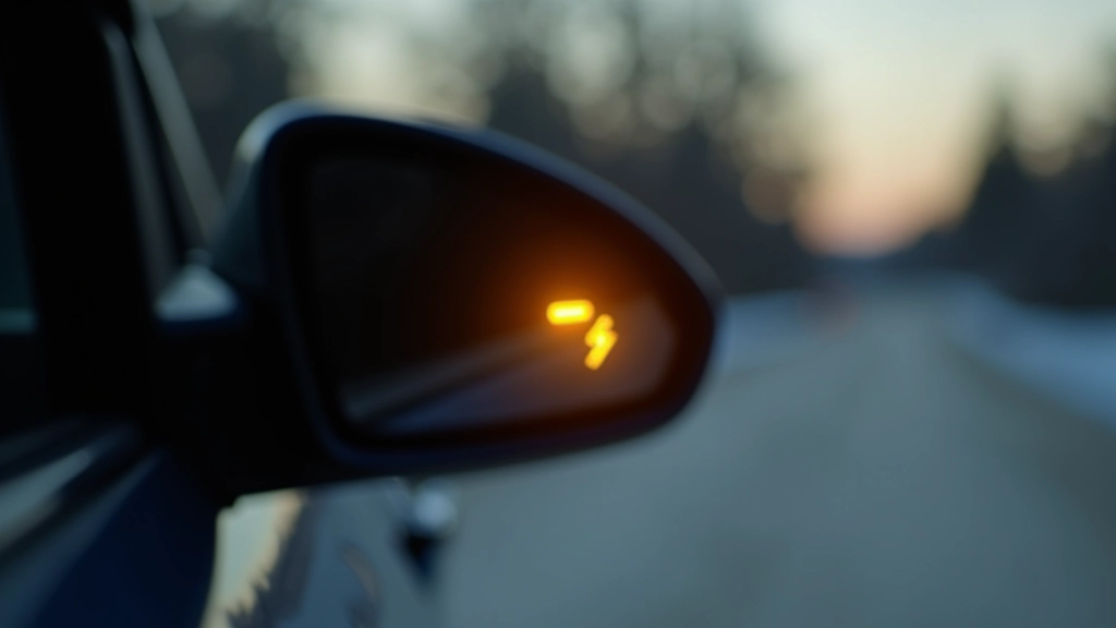 Automašīnas sānu spogulī brīdinājuma ikona, kas norāda uz blind spot monitoringu