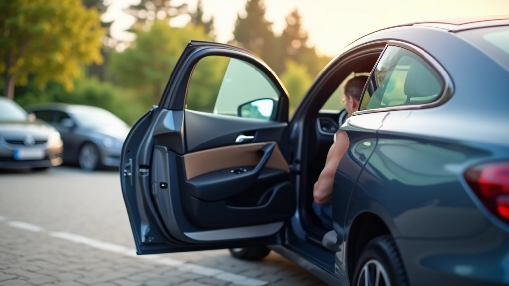 Mūsdienīga automašīna ar automātiski atvērtām durvīm, moderns automašīnas modelis parkingvietā, dienas gaisma, skaidrs detalizācijas līmenis