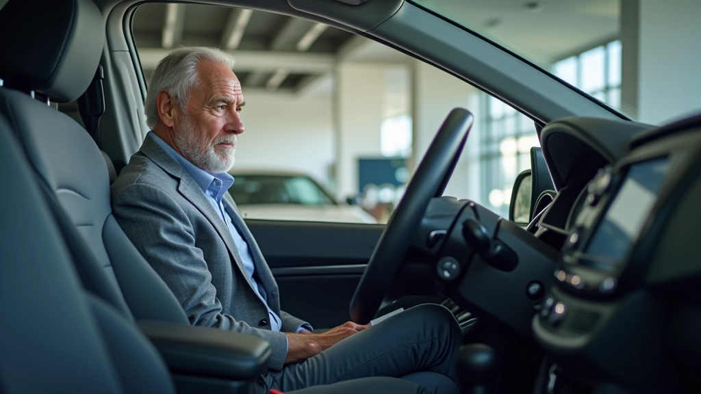 Seniora vadītājs pārbaudī automobiļa iekšpuses komfortu